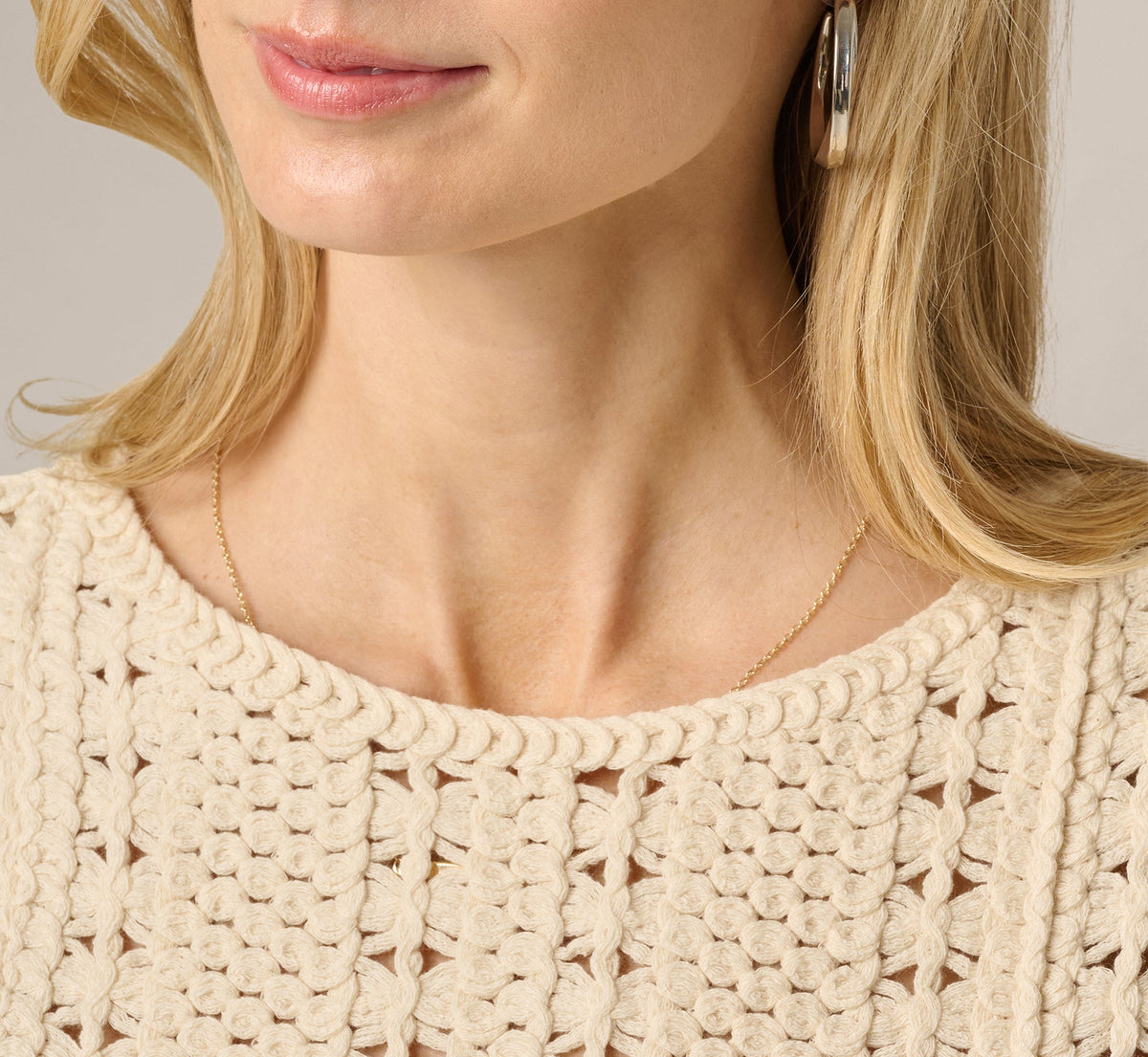 Short Sleeve Cable Crochet Open Knit Fringe Top - Cream | Adrianna Papell