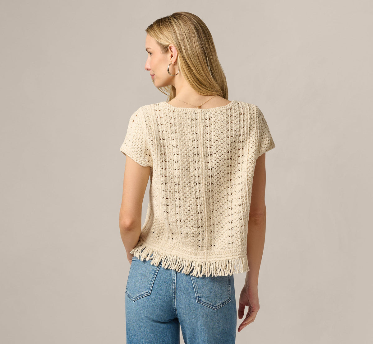 Short Sleeve Cable Crochet Open Knit Fringe Top - Cream | Adrianna Papell