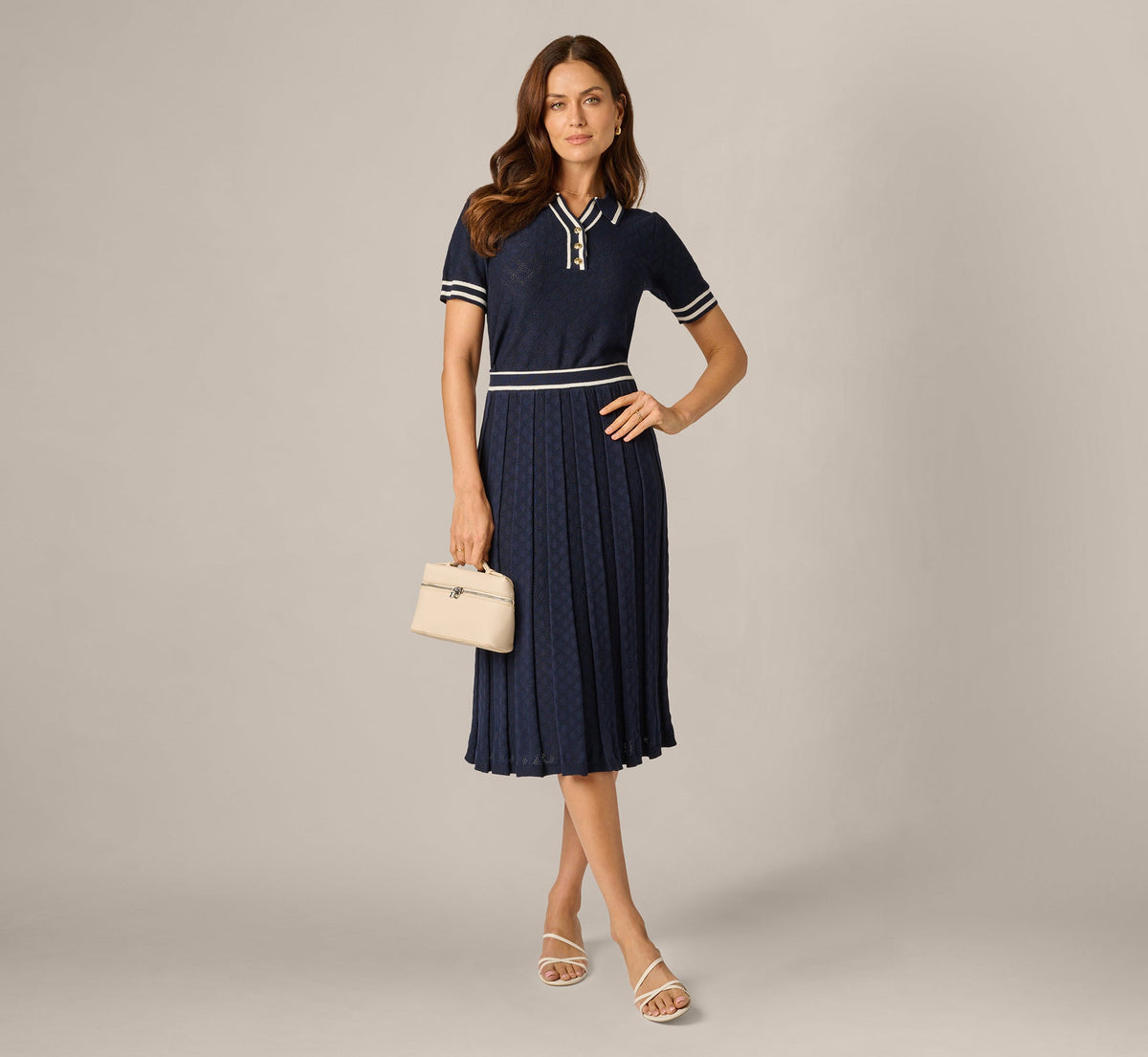 Pointelle Knit Tipped Midi Skirt - Navy Ivory | Adrianna Papell