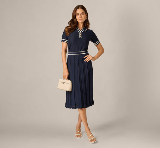 Pointelle Knit Tipped Midi Skirt - Navy Ivory | Adrianna Papell