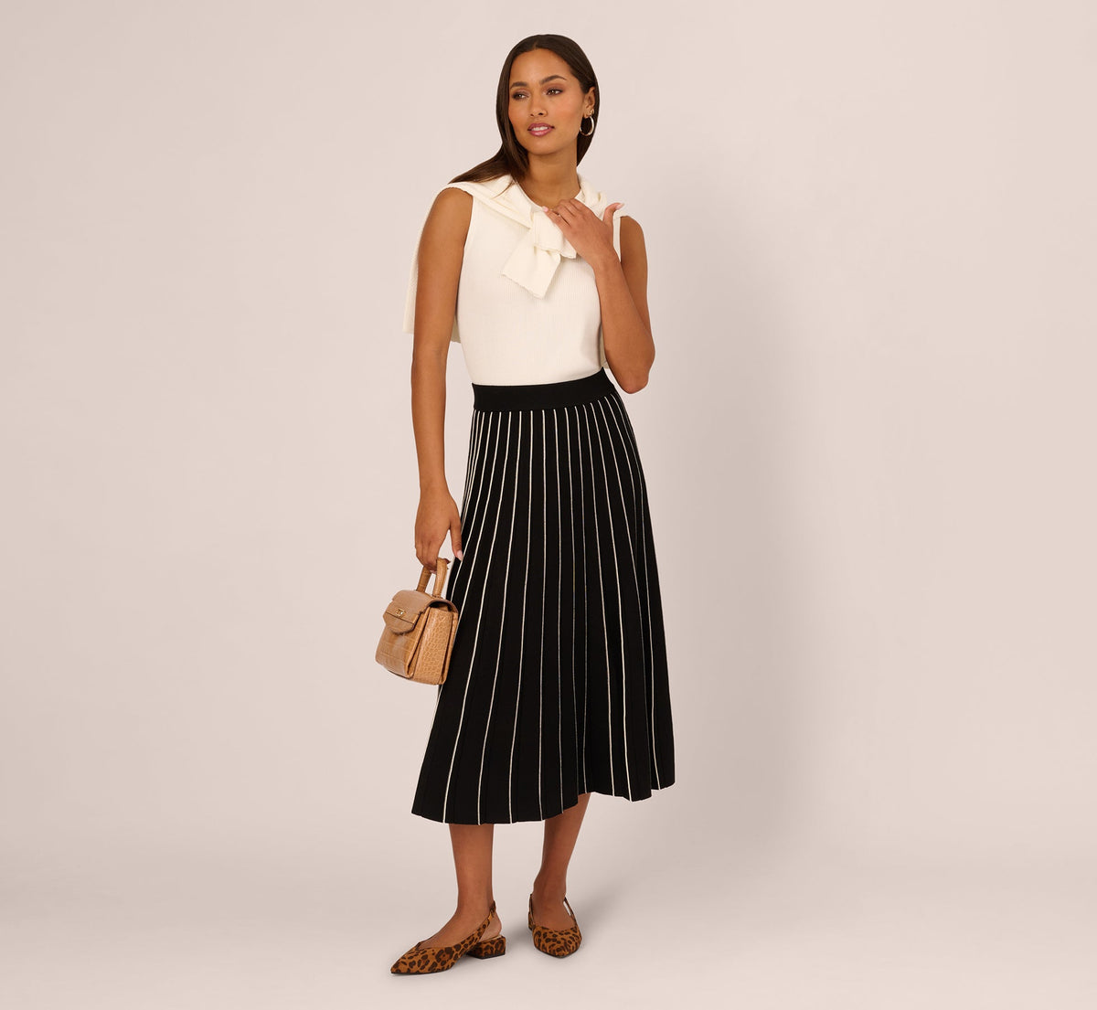 Pleated Pinstriped Knit Midi Skirt - Black Cream | Adrianna Papell
