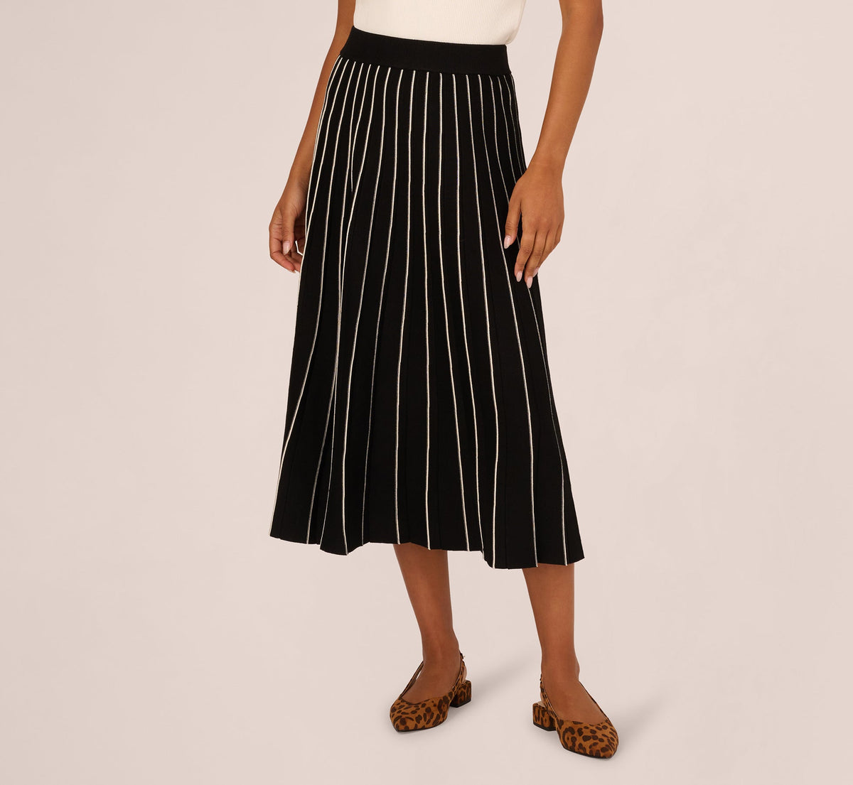 Pleated Pinstriped Knit Midi Skirt - Black Cream | Adrianna Papell