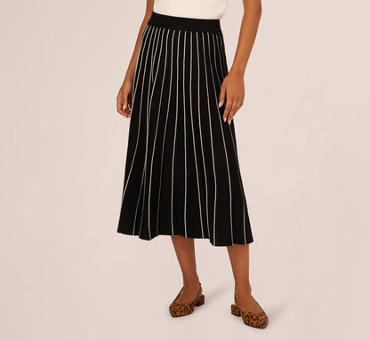 Pleated Pinstriped Knit Midi Skirt - Black Cream | Adrianna Papell