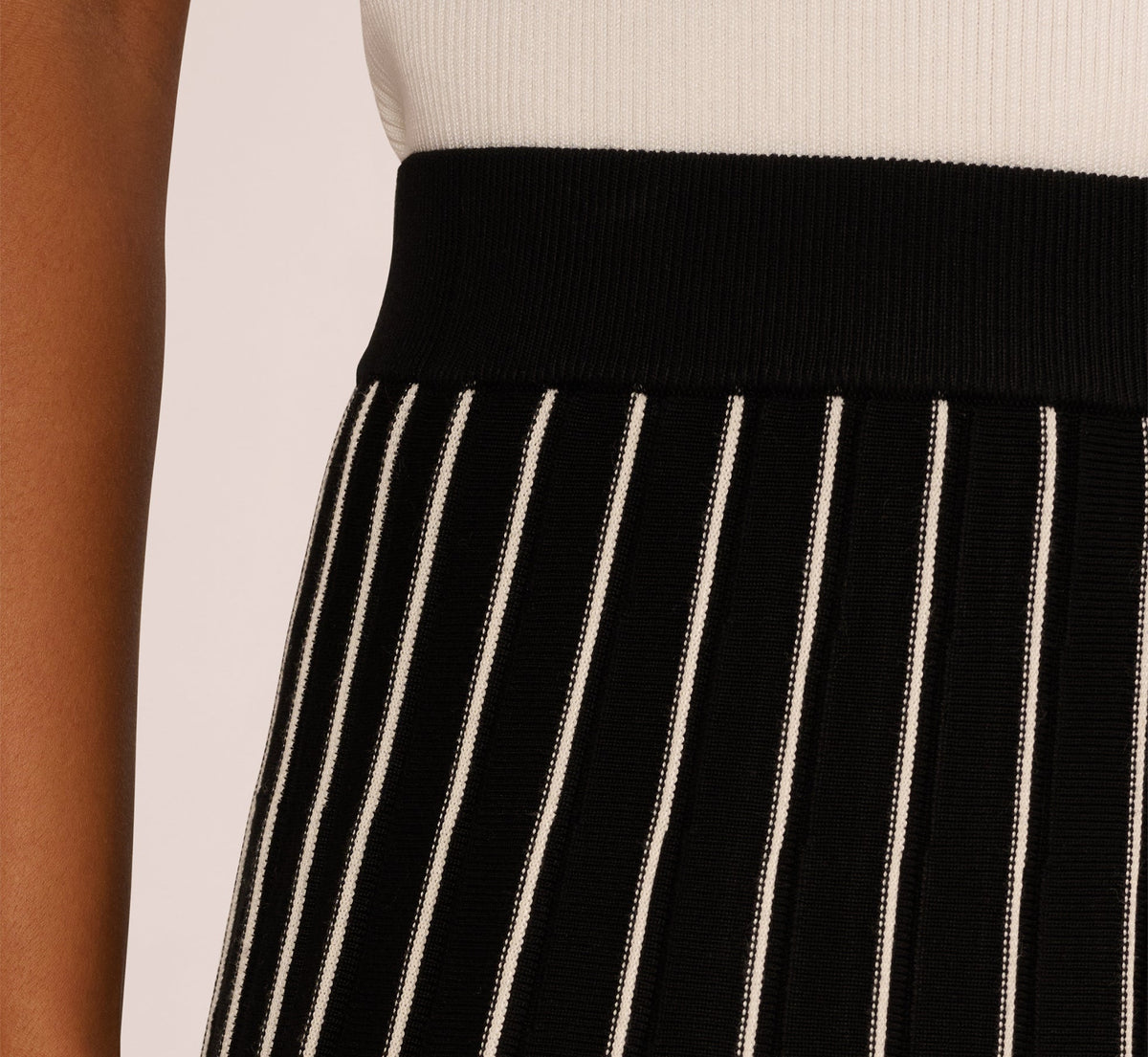 Pleated Pinstriped Knit Midi Skirt - Black Cream | Adrianna Papell