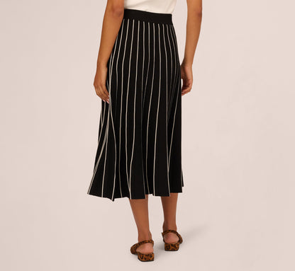 Pleated Pinstriped Knit Midi Skirt - Black Cream | Adrianna Papell