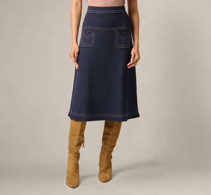 Contrast Stitch Knit Midi Skirt - Navy Khaki | Adrianna Papell