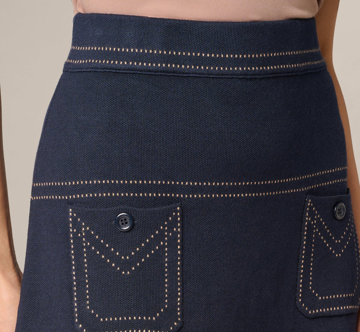 Contrast Stitch Knit Midi Skirt - Navy Khaki | Adrianna Papell