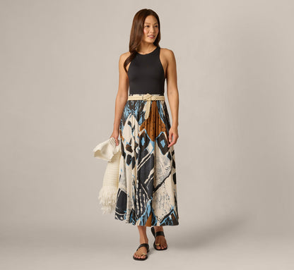 Printed Side Slit A Line Midi Skirt - Blue Diamond Tiki | Adrianna Papell