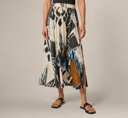 Printed Side Slit A Line Midi Skirt - Blue Diamond Tiki | Adrianna Papell