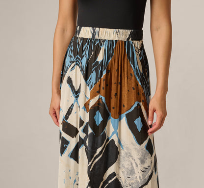 Printed Side Slit A Line Midi Skirt - Blue Diamond Tiki | Adrianna Papell