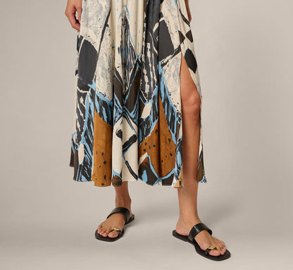 Printed Side Slit A Line Midi Skirt - Blue Diamond Tiki | Adrianna Papell