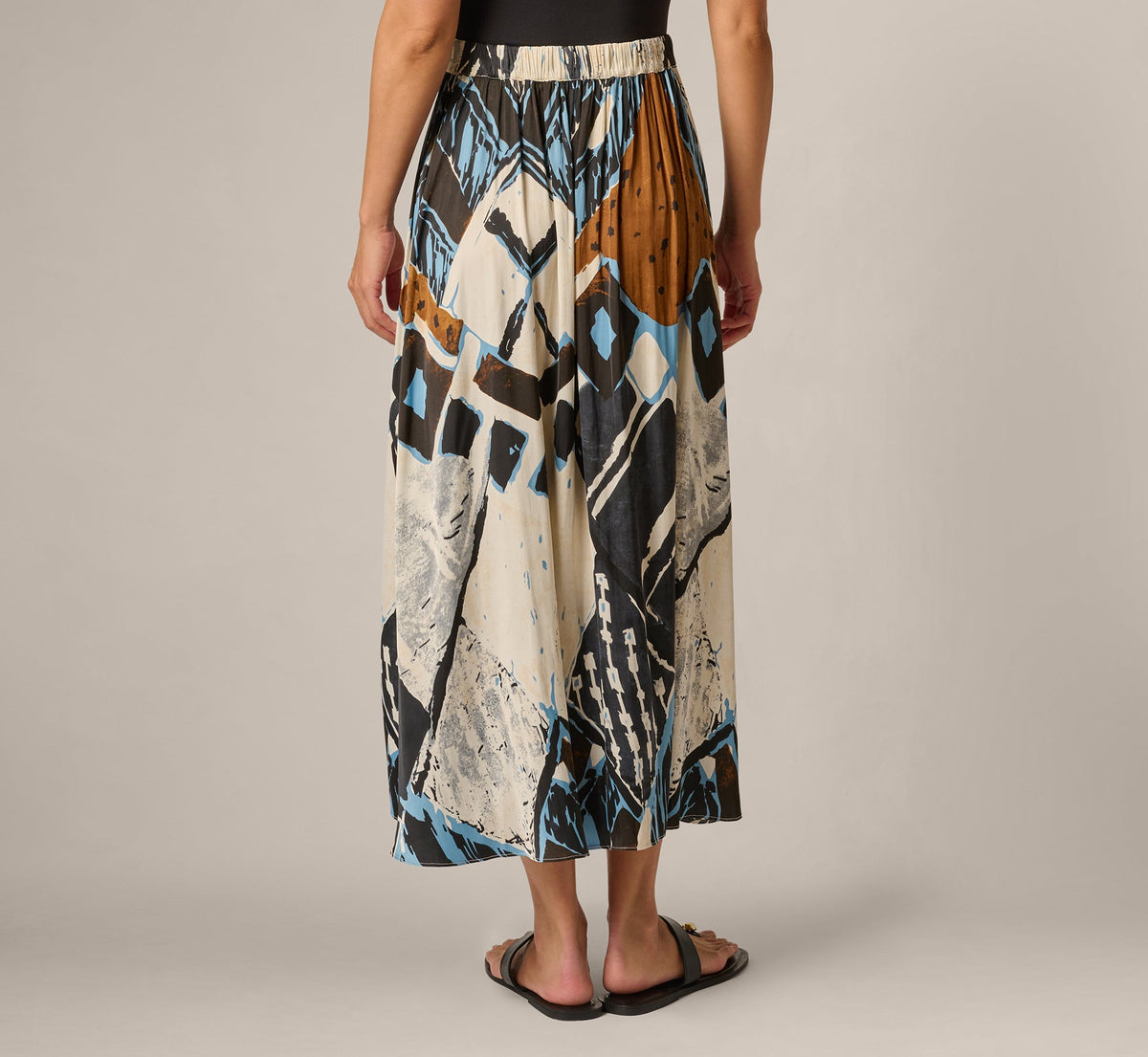 Printed Side Slit A Line Midi Skirt - Blue Diamond Tiki | Adrianna Papell