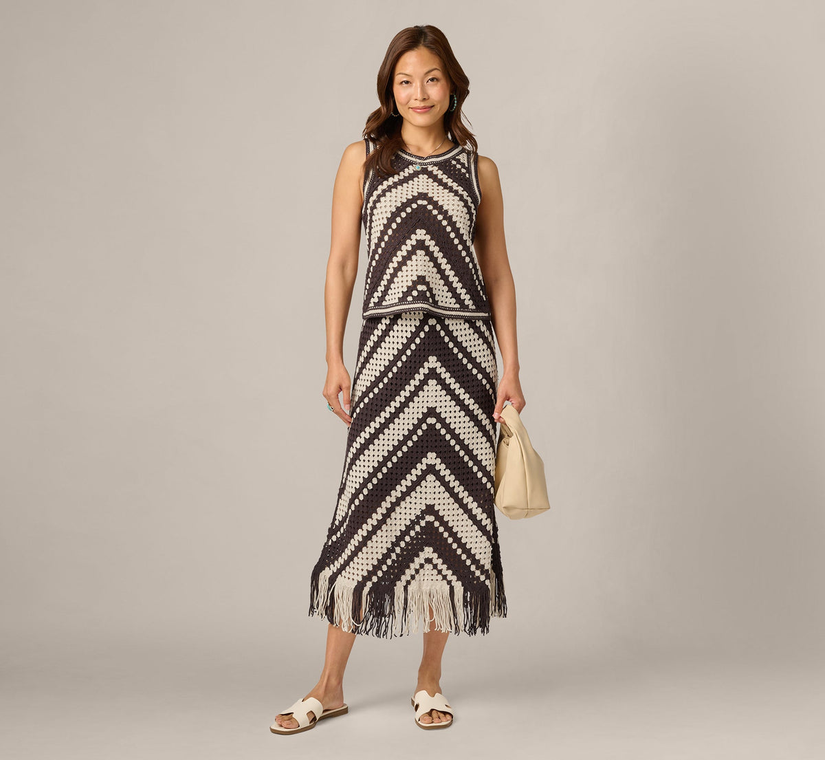 Crochet Knit Fringe Midi Skirt - Chocolate Cream | Adrianna Papell