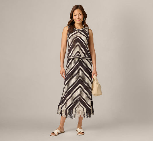 Crochet Knit Fringe Midi Skirt - Chocolate Cream | Adrianna Papell