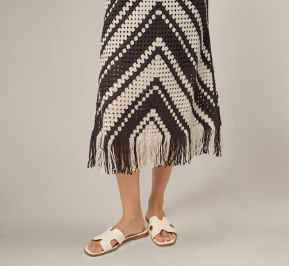 Crochet Knit Fringe Midi Skirt - Chocolate Cream | Adrianna Papell