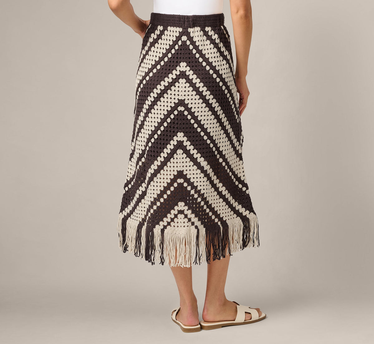 Crochet Knit Fringe Midi Skirt - Chocolate Cream | Adrianna Papell