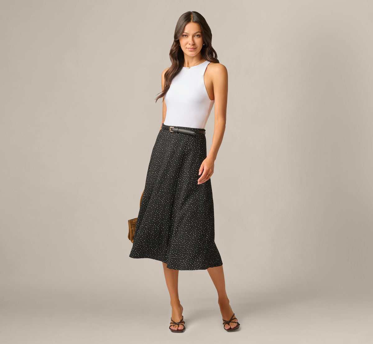 Textured Knit Gored Midi Skirt - Black Ivory Scribble Dot | Adrianna Papell