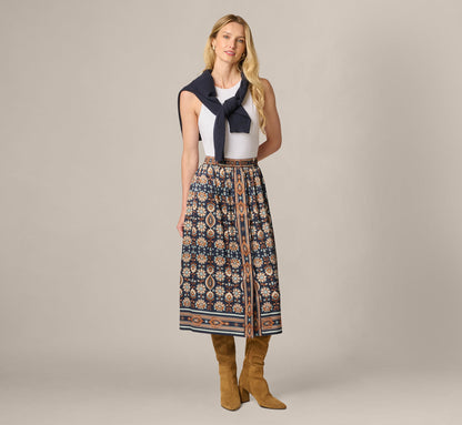 Satin Front Slit A Line Midi Skirt - Navy Climbing Roses | Adrianna Papell