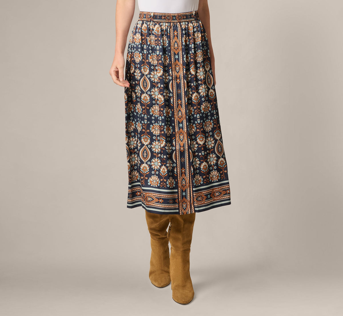 Satin Front Slit A Line Midi Skirt - Navy Climbing Roses | Adrianna Papell