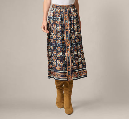 Satin Front Slit A Line Midi Skirt - Navy Climbing Roses | Adrianna Papell