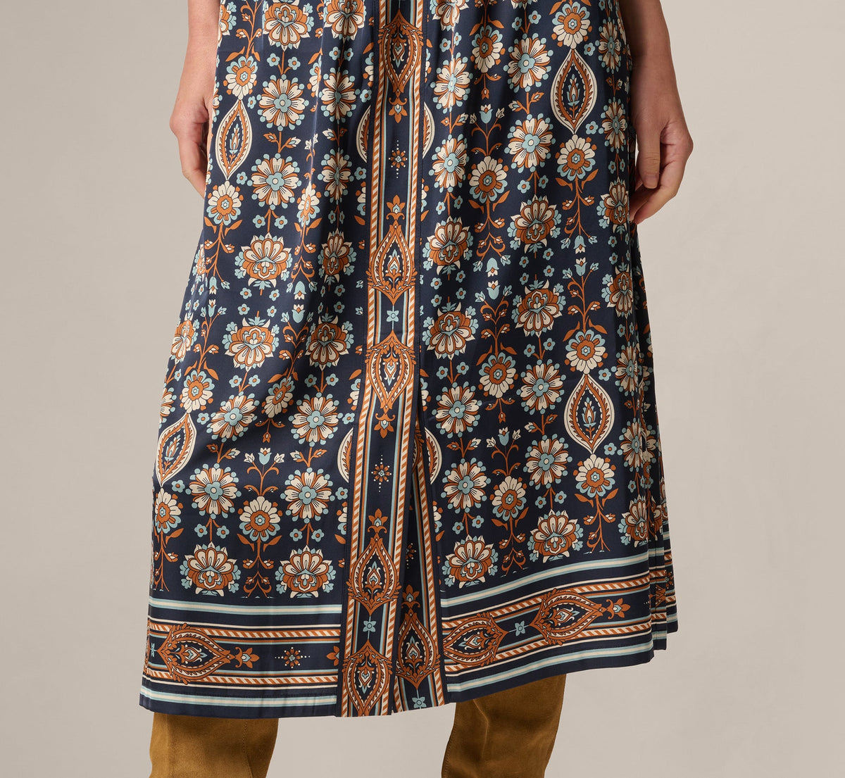 Satin Front Slit A Line Midi Skirt - Navy Climbing Roses | Adrianna Papell