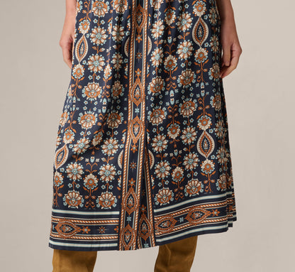 Satin Front Slit A Line Midi Skirt - Navy Climbing Roses | Adrianna Papell