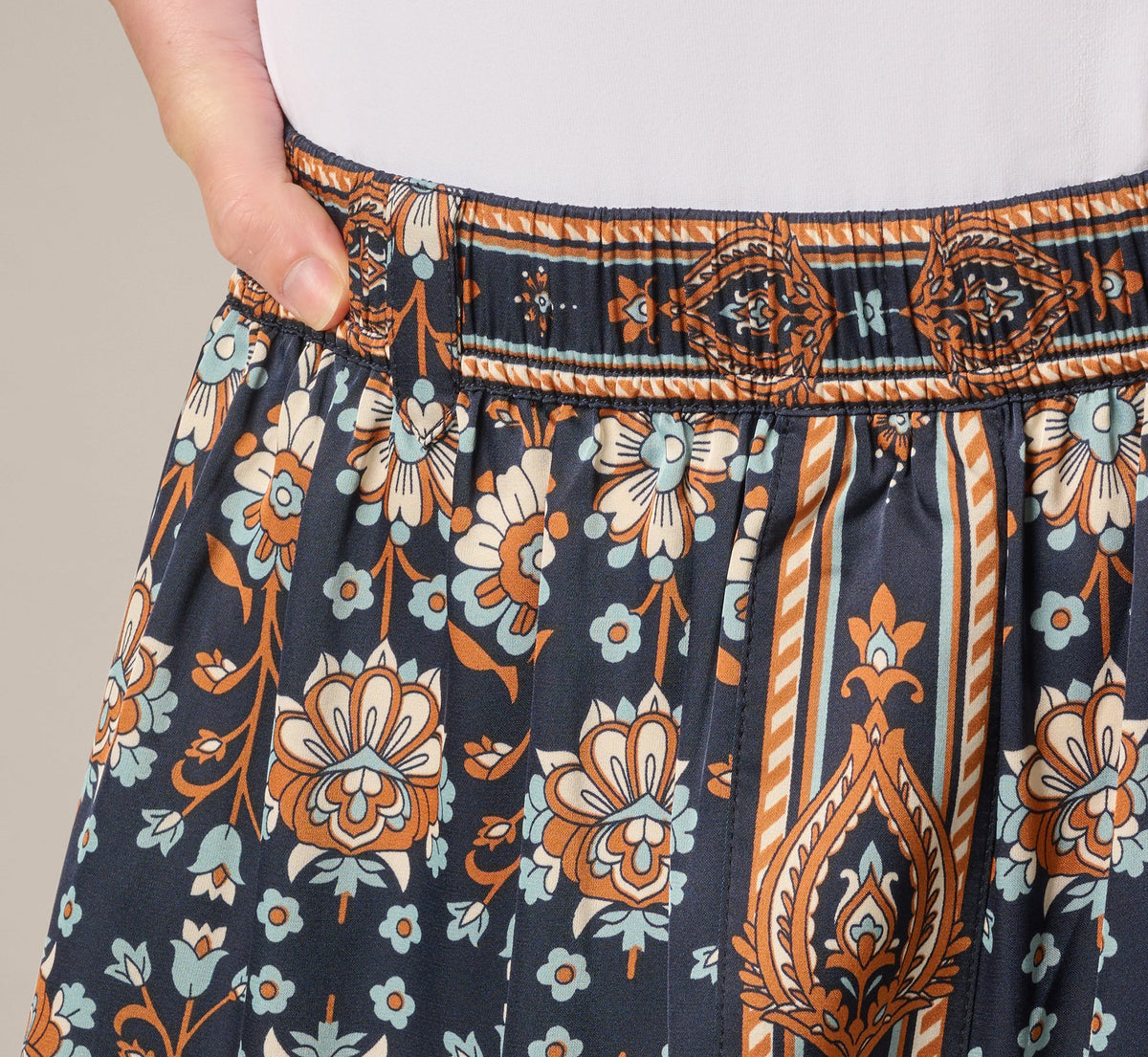 Satin Front Slit A Line Midi Skirt - Navy Climbing Roses | Adrianna Papell