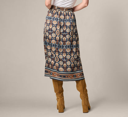 Satin Front Slit A Line Midi Skirt - Navy Climbing Roses | Adrianna Papell