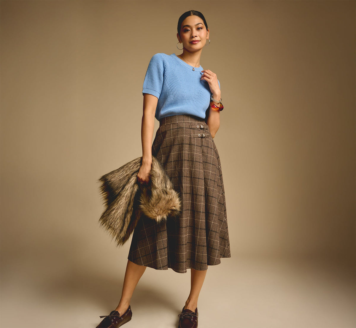 A Line Side Buckle Midi Skirt - Brown Multi | Adrianna Papell