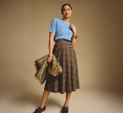 A Line Side Buckle Midi Skirt - Brown Multi | Adrianna Papell