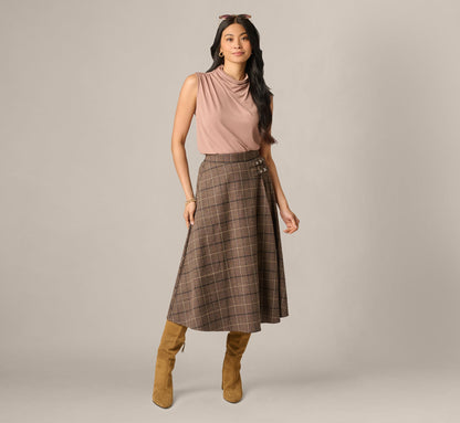 A Line Side Buckle Midi Skirt - Brown Multi | Adrianna Papell