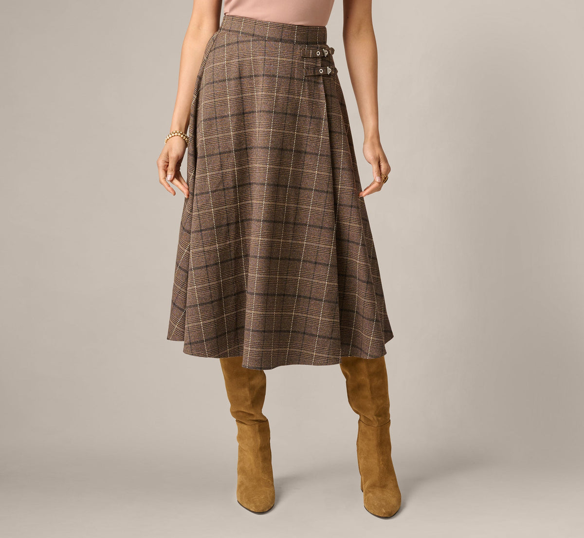 A Line Side Buckle Midi Skirt - Brown Multi | Adrianna Papell