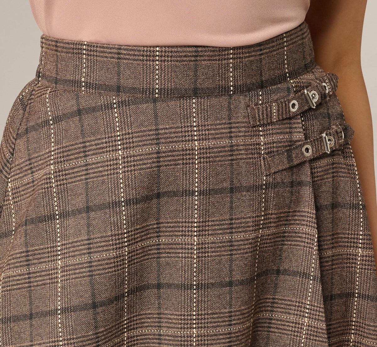 A Line Side Buckle Midi Skirt - Brown Multi | Adrianna Papell