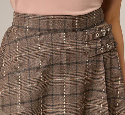 A Line Side Buckle Midi Skirt - Brown Multi | Adrianna Papell