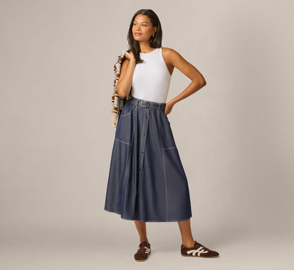 Belted A Line Midi Skirt - Washed Denim Cream | Adrianna Papell