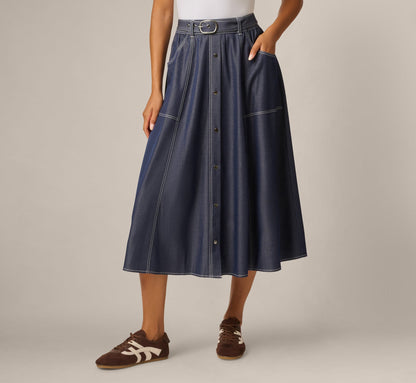 Belted A Line Midi Skirt - Washed Denim Cream | Adrianna Papell