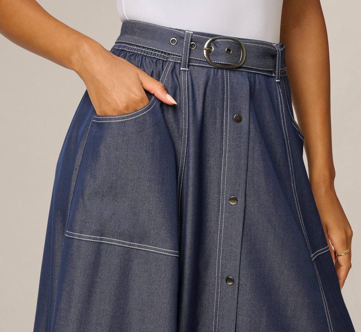 Belted A Line Midi Skirt - Washed Denim Cream | Adrianna Papell