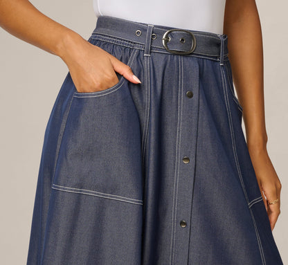 Belted A Line Midi Skirt - Washed Denim Cream | Adrianna Papell
