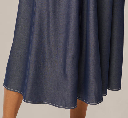 Belted A Line Midi Skirt - Washed Denim Cream | Adrianna Papell