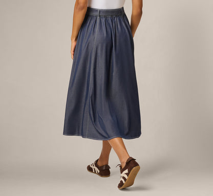 Belted A Line Midi Skirt - Washed Denim Cream | Adrianna Papell