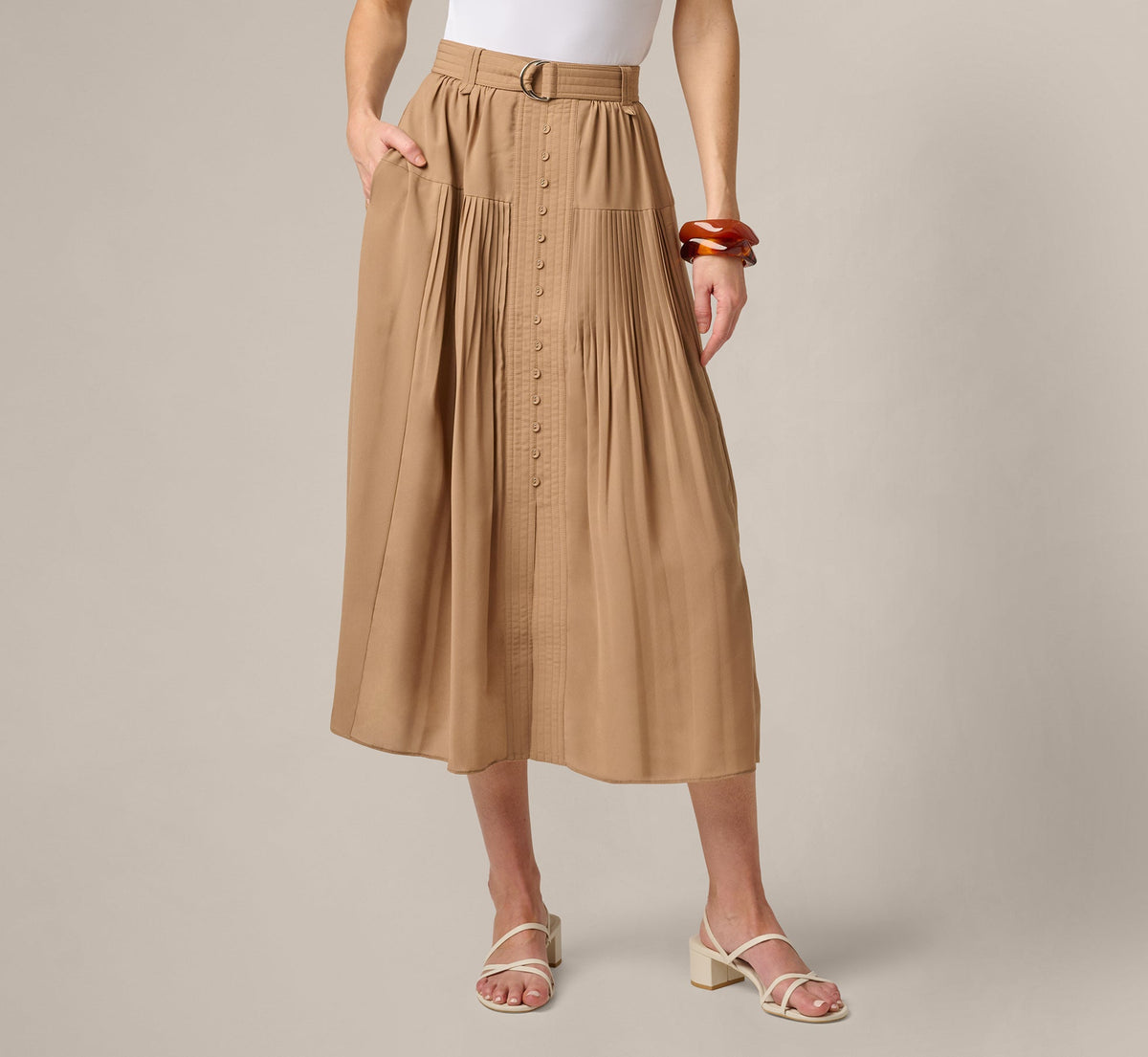 Belted A Line Pleated Midi Skirt - Taos Taupe | Adrianna Papell