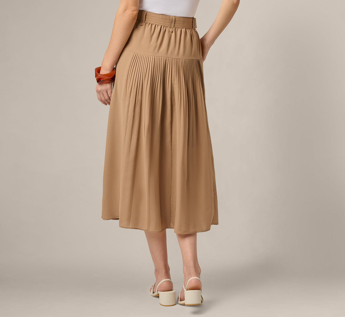 Belted A Line Pleated Midi Skirt - Taos Taupe | Adrianna Papell