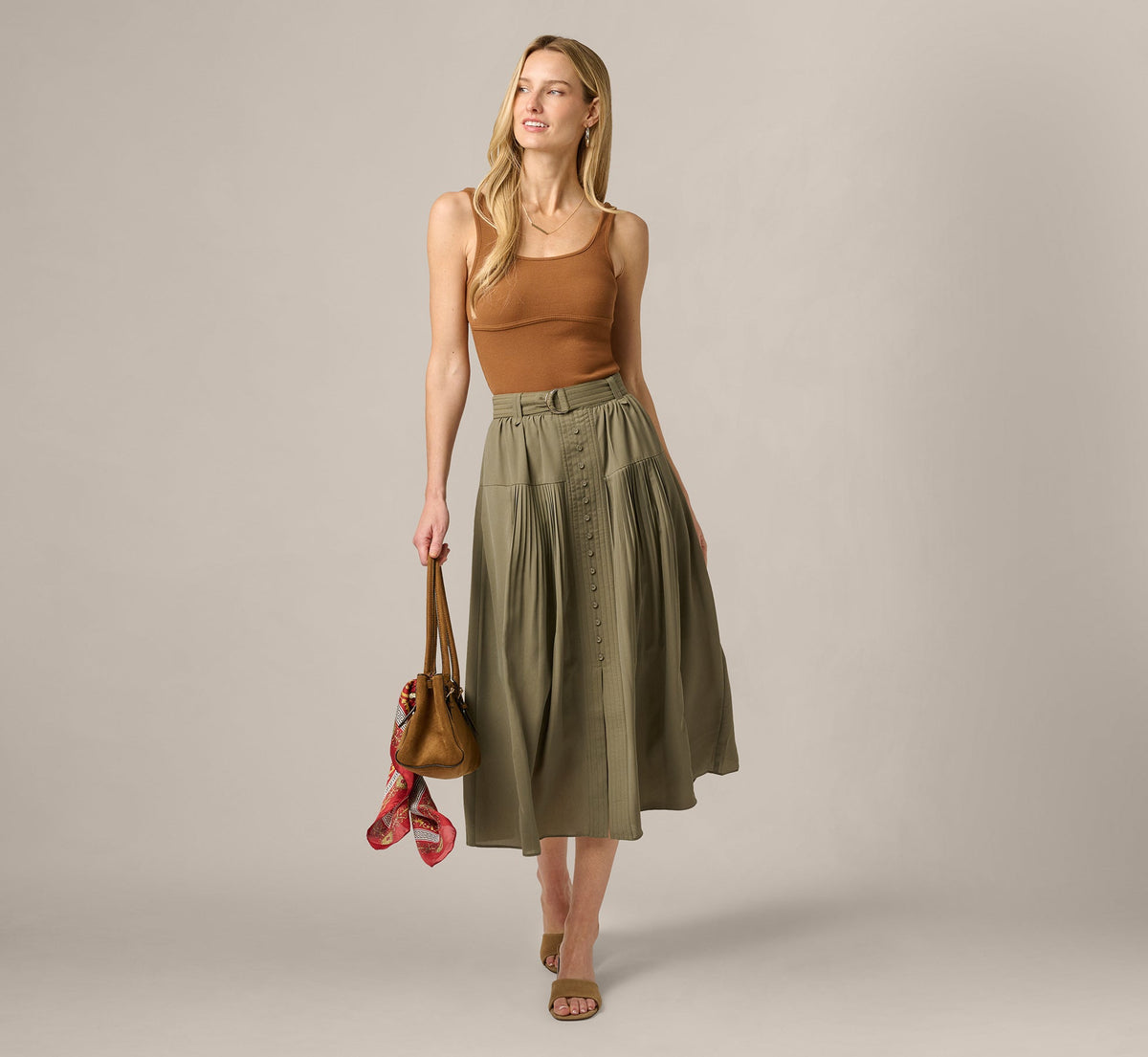 Belted A Line Pleated Midi Skirt - Olive Tree | Adrianna Papell