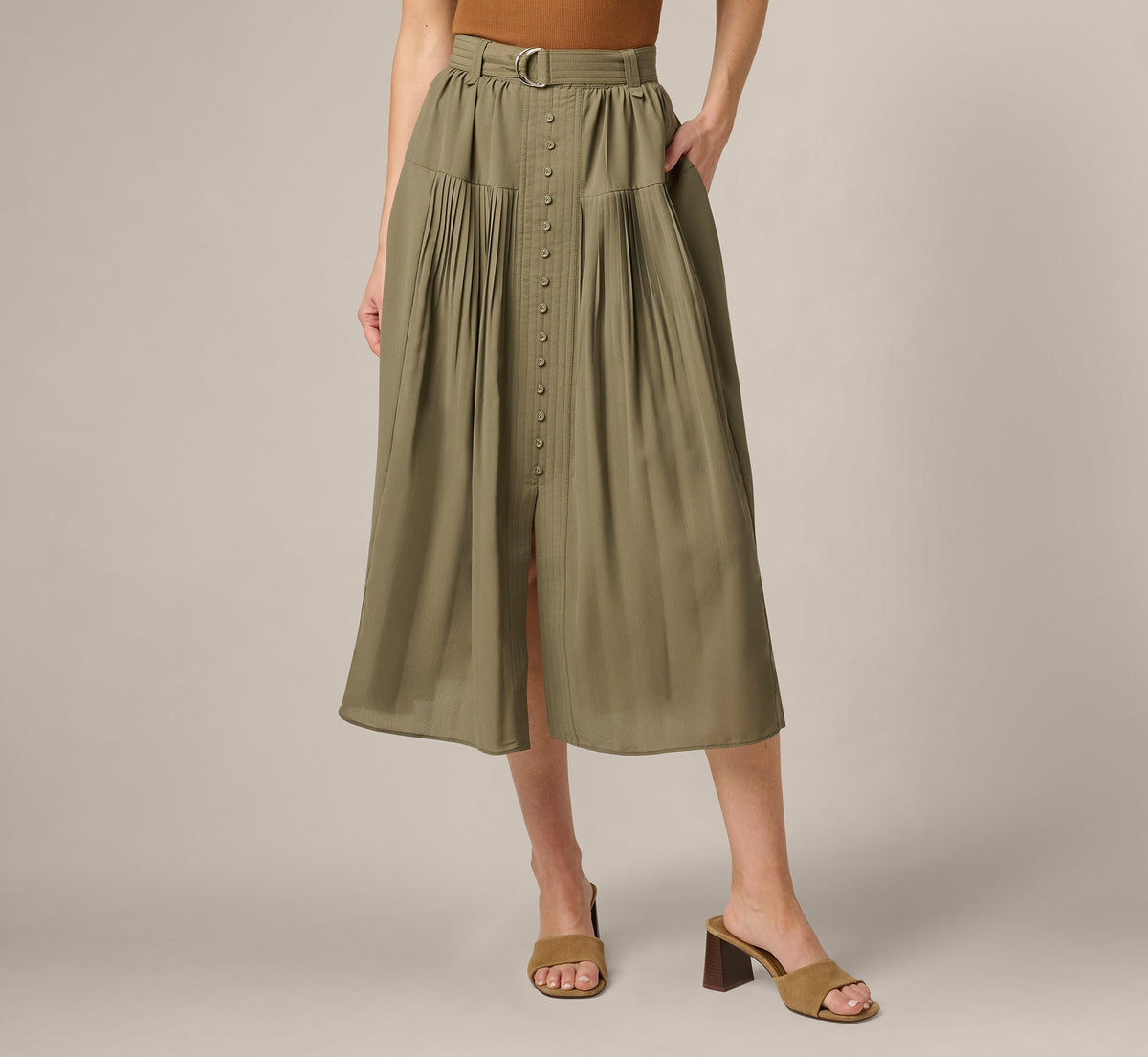 Belted A Line Pleated Midi Skirt - Olive Tree | Adrianna Papell