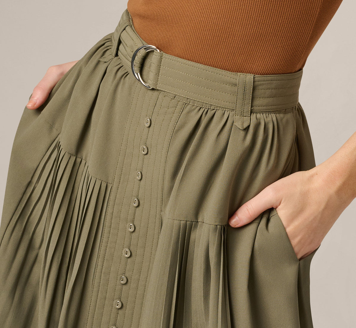 Belted A Line Pleated Midi Skirt - Olive Tree | Adrianna Papell