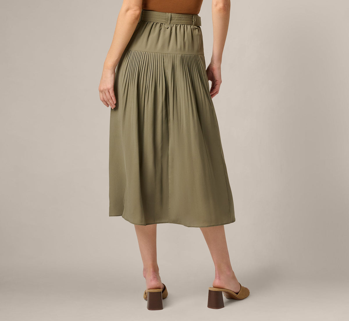 Belted A Line Pleated Midi Skirt - Olive Tree | Adrianna Papell