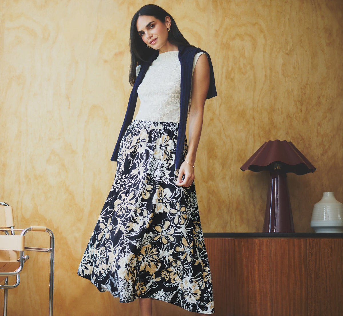 Ankle Length A Line Midi Skirt - Navy Ivory Whimsical Floral | Adrianna Papell