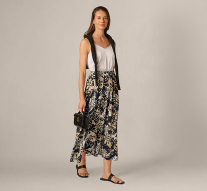 Ankle Length A Line Midi Skirt - Navy Ivory Whimsical Floral | Adrianna Papell