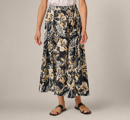 Ankle Length A Line Midi Skirt - Navy Ivory Whimsical Floral | Adrianna Papell