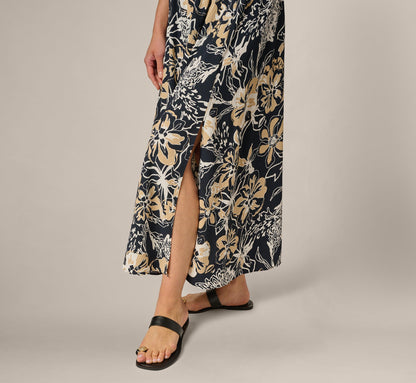 Ankle Length A Line Midi Skirt - Navy Ivory Whimsical Floral | Adrianna Papell